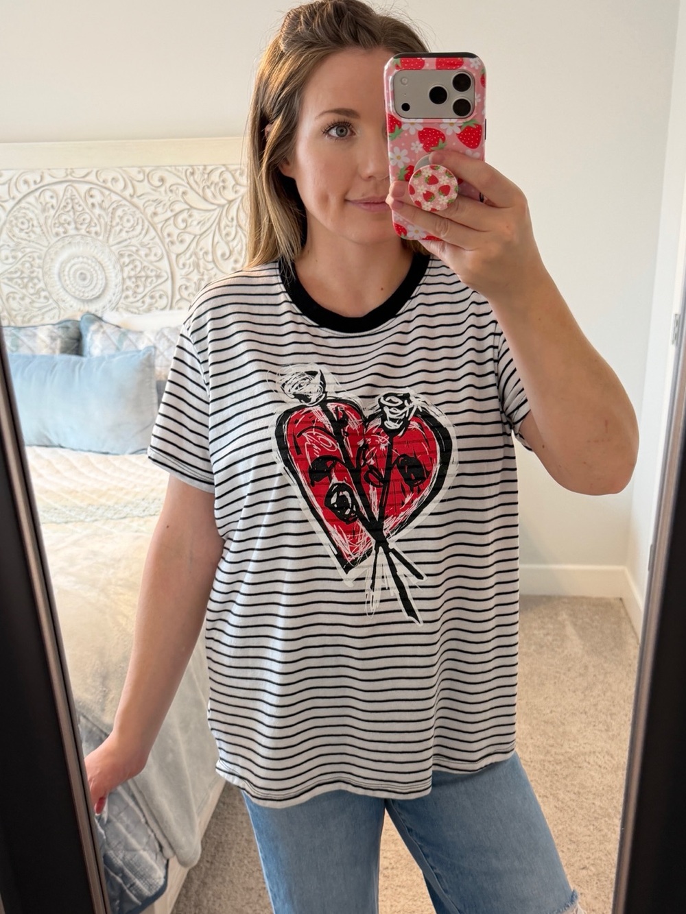 torrid Black & White Striped Tee with Red Heart Graphic